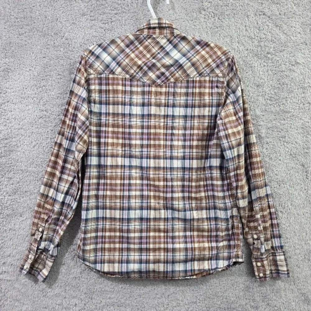 Fossil 54 Authentic Men's Small Vintage Fit Plaid Western Pearl Snap Shirt Brown
